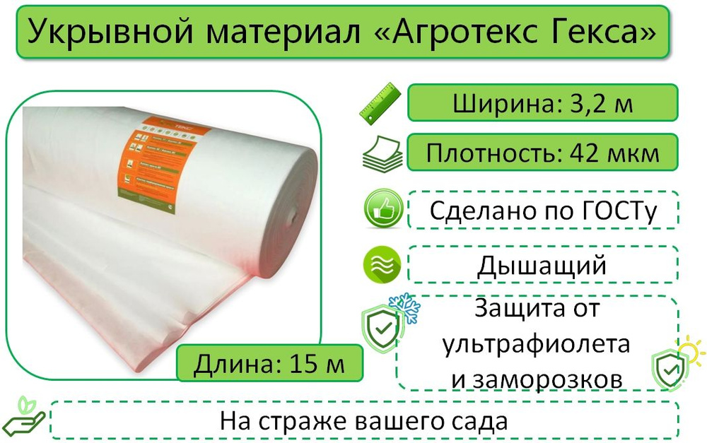 Укрывной материал Агротекс Гекса 42, Белый, 3,2м х 15м, с УФ-стабилизатором / укрывное полотно / спанбонд #1