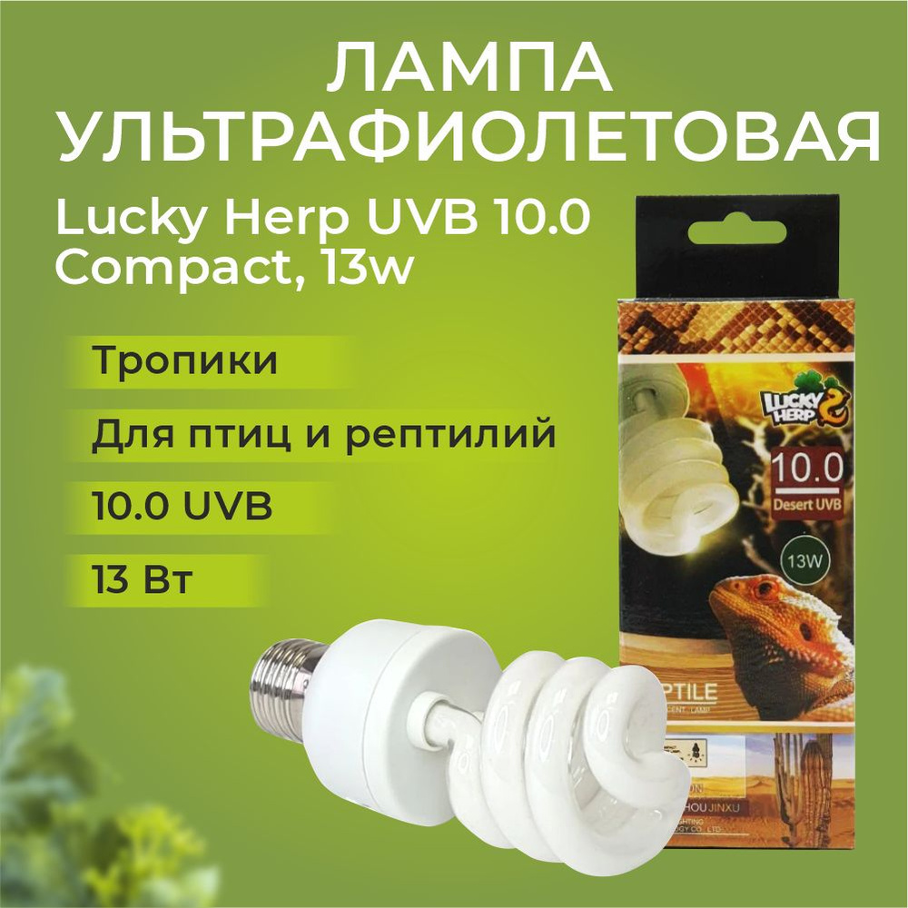 Ультрафиолетовая лампа компакт "Lucky herp",13 ватт UVB 10 для рептилий - лампа для террариума категории #1