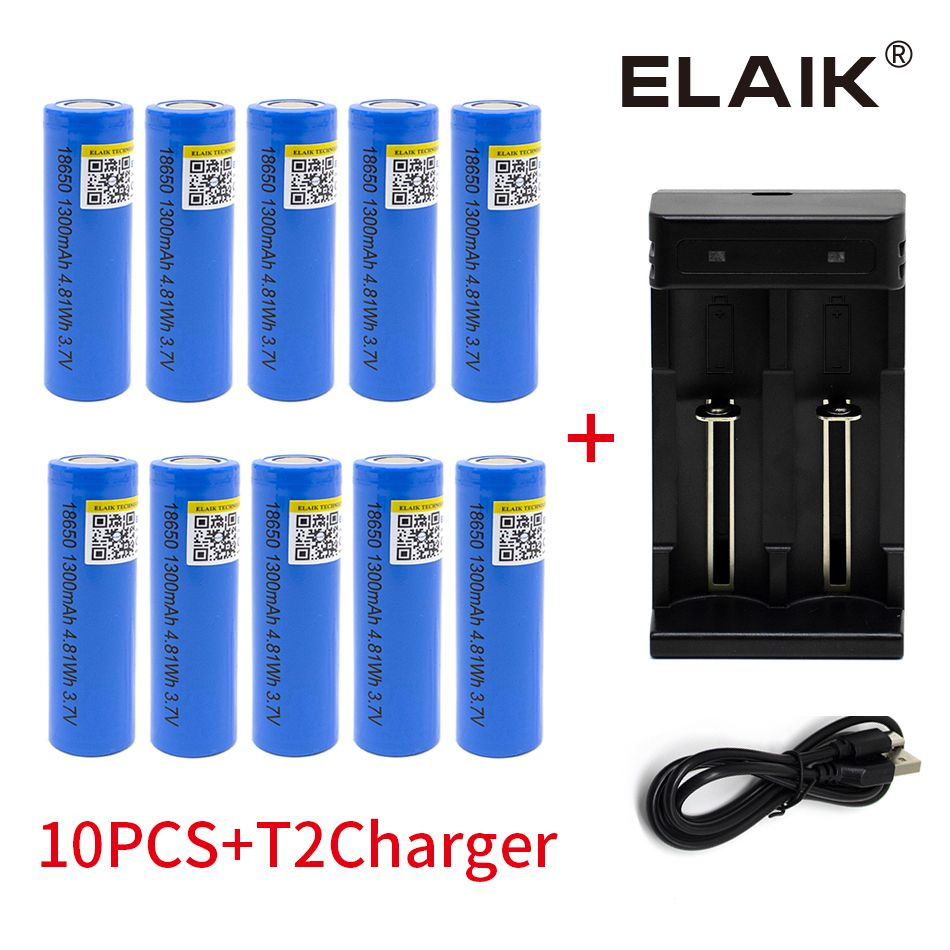 ELAIK Аккумулятор Li-ion 18650 1300 mAh 3.7V(10 шт) и Зарядное ...