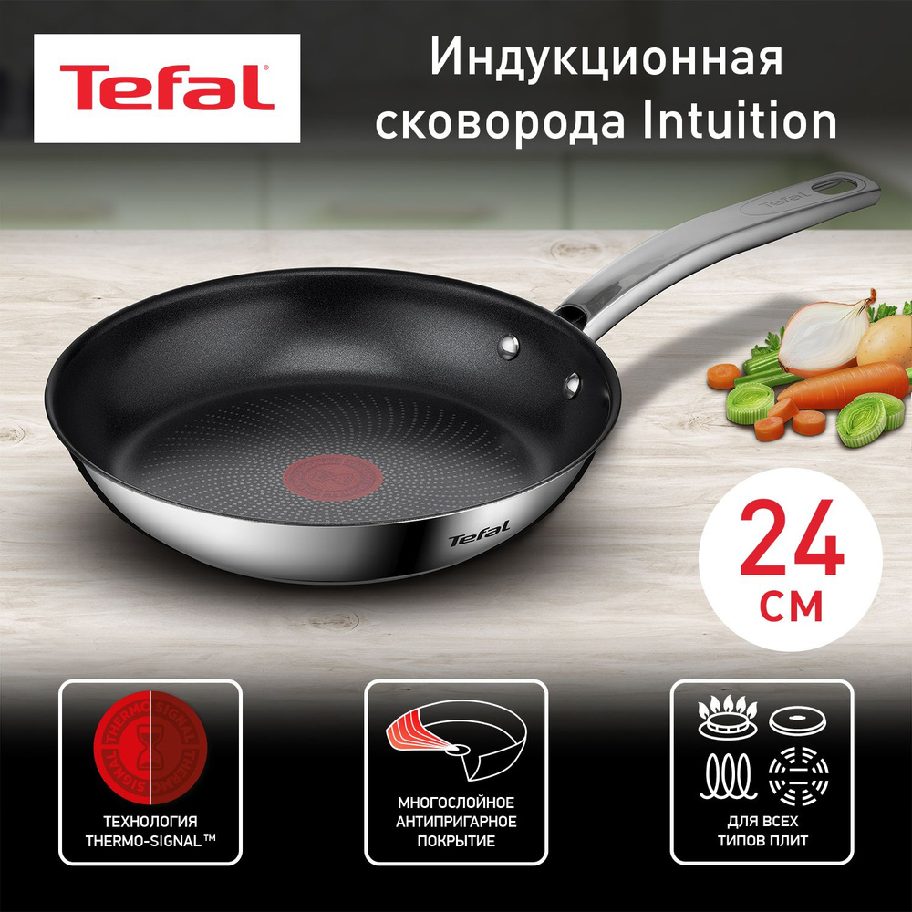 Сковорода Tefal Для газовых плит Intuition Нержавеющая  сталь_серебристый_17.5_с фиксированной ручкой, 24 см - купить по выгодным  ценам в интернет-магазине OZON (148348997)