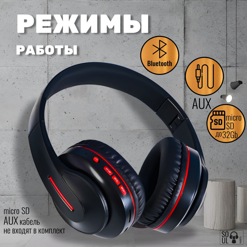 Наушники беспроводные накладные складные, BLACK-Gradient с микрофоном,  bluetooth наушники для телефона и ПК, с шумоизоляцией для смартфонов iPhone  и ...