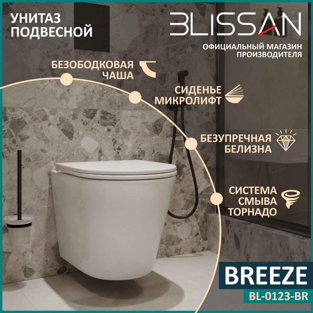 Унитаз подвесной BLISSAN Breeze вихревой смыв Торнадо 3.0 безободковый с  сиденьем дюропласт микролифт, быстросъемное