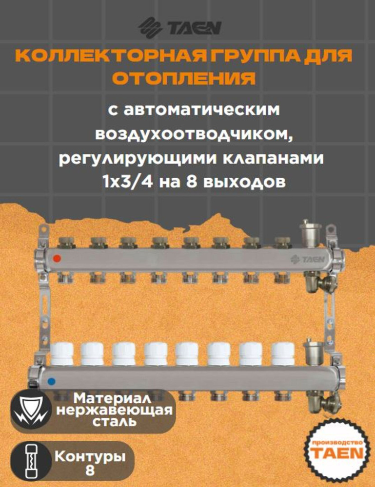 Коллекторная группа TAEN 1x3/4x8 выходов для систем отопления (регулирующие клапаны, автоматический воздухоотводчик, #1