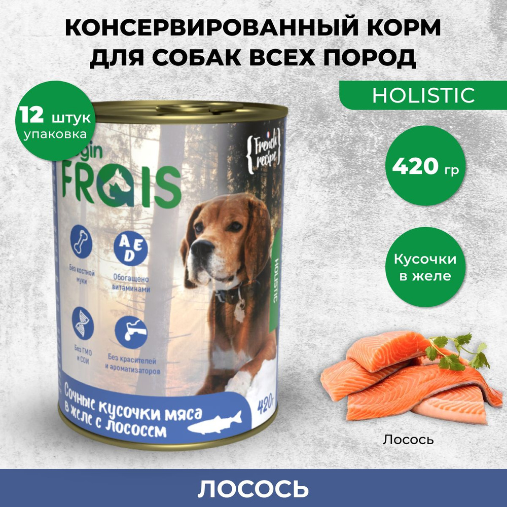 Влажный корм для собак Frais Holistic Dog сочные кусочки мяса в желе с лососем, 420 г х 12 шт.  #1