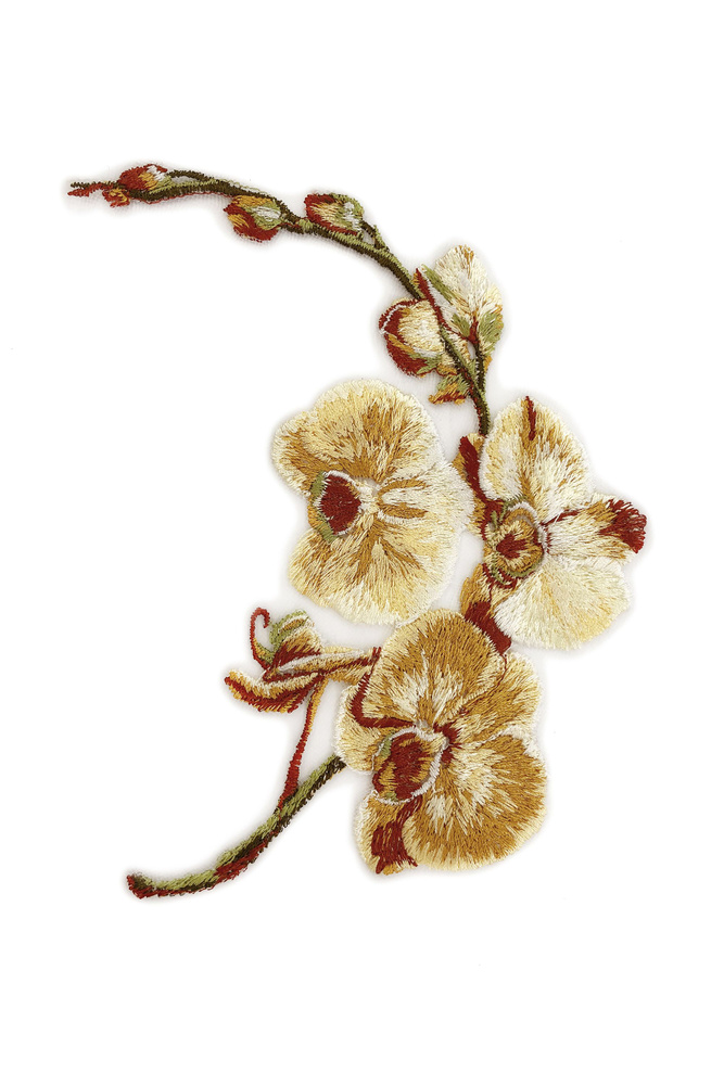 Вышитая пришивная нашивка "Орхидея" горчичный #1