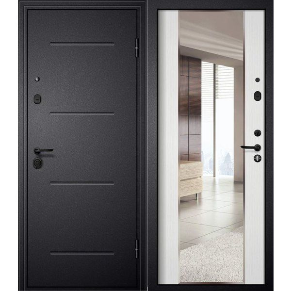 Дверь входная M-4 черный шелк зеркало ПВХ белый ясень 860 левая  #1