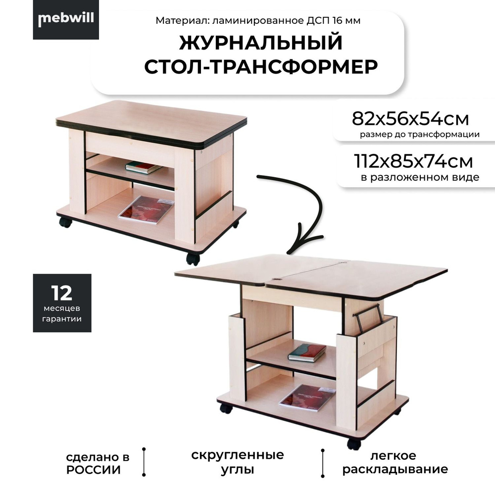 Журнальный Раскладной Стол трансформер 5 дуб белый, кромка венге на  колесиках