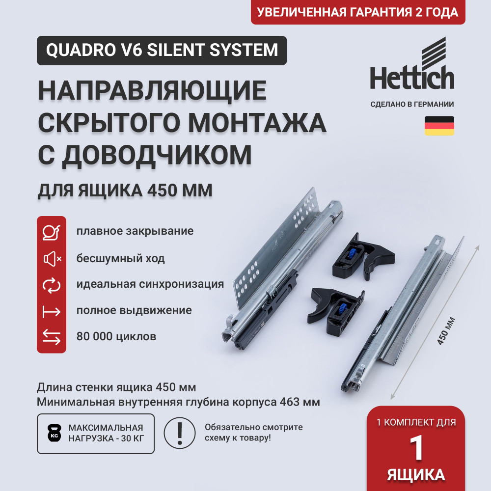 Направляющие скрытого монтажа 450 Hettich Quadro V6 Silent System с доводчиком, полное выдвижение, 1 #1