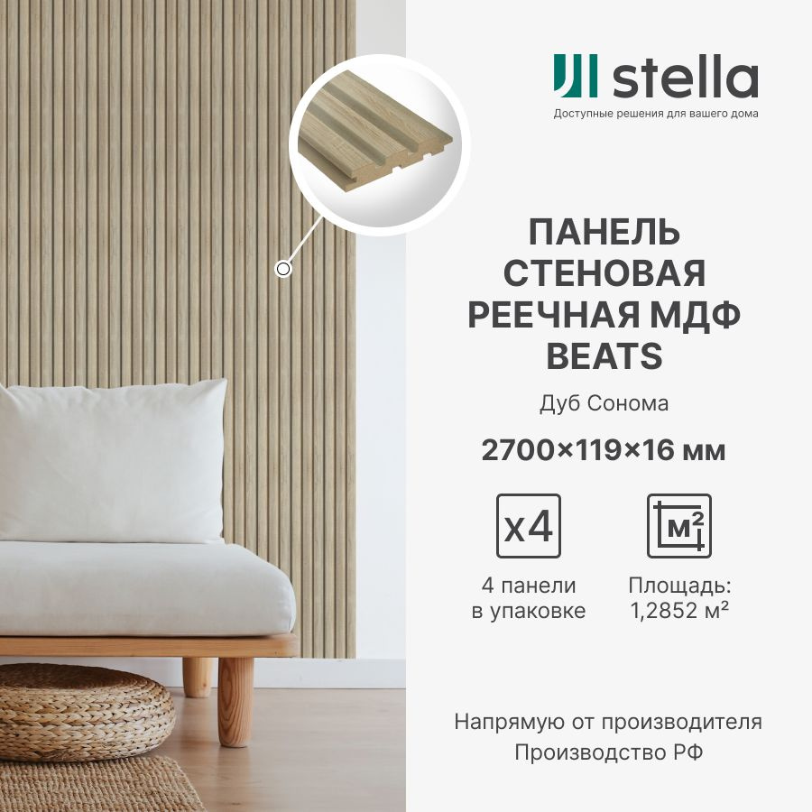 Панель Стеновая Реечная МДФ Stella Beats De Luxe Standart Дуб Сонома  2700x119x16 (упаковка 4 штуки) купить по выгодной цене в интернет-магазине  OZON (1350600502)