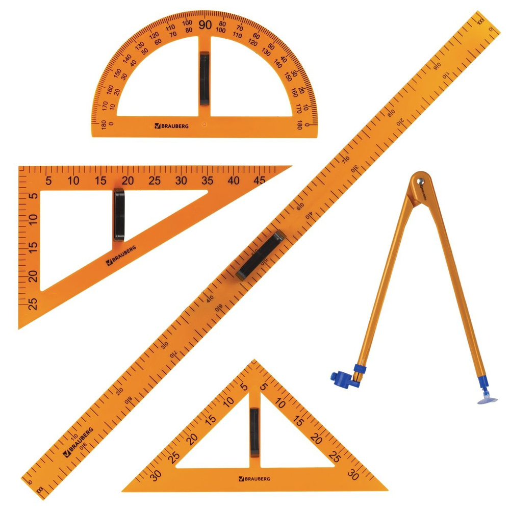 Набор чертежный Brauberg для классной доски (2 треугольника, транспортир, циркуль, линейка 100 см) (210383) #1