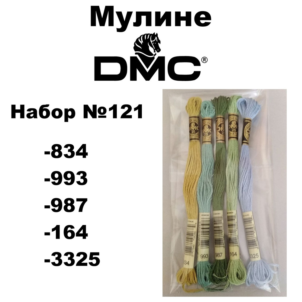 Нитки мулине DMC Embroidery для вышивания / Набор № 121 / цвета 834, 993, 987, 164, 3325  #1