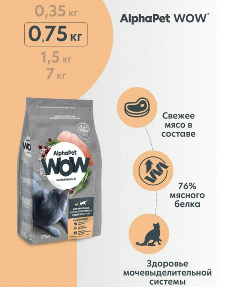 ALPHAPET WOW SUPERPREMIUM 750гр сухой корм для взрослых стерилизованных кошек и котов c цыпленком  #1