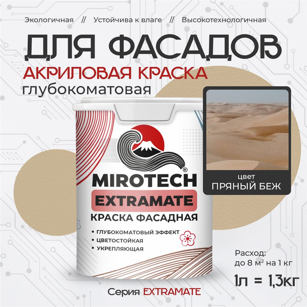 Акриловая краска для фасадов MIROTECH EXTRAMATE для наружных работ, для дерева, камня и кирпича, по бетону #1