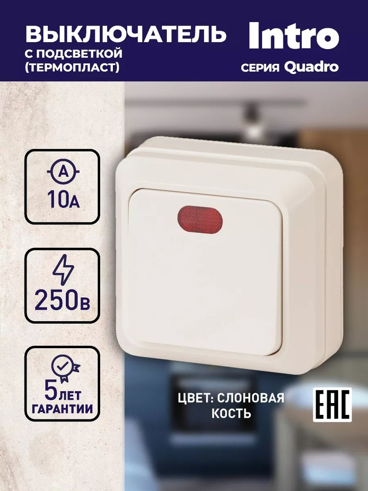 Выключатель Intro Quadro 2-102-02 одноклавишный с подсветкой 10А-250В IP20 ОУ слоновая кость #1