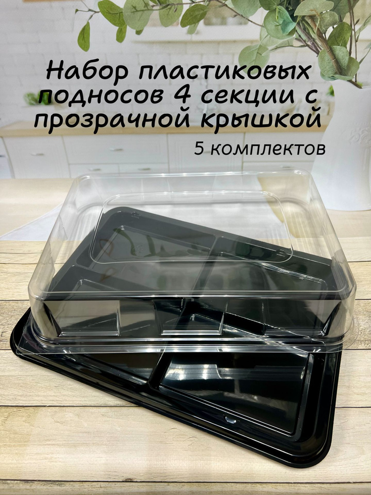 Поднос 4 секции (блюдо) 360х250х25 мм, плоское дно с прозрачной крышкой (для закусок, сервировки, фуршета, #1