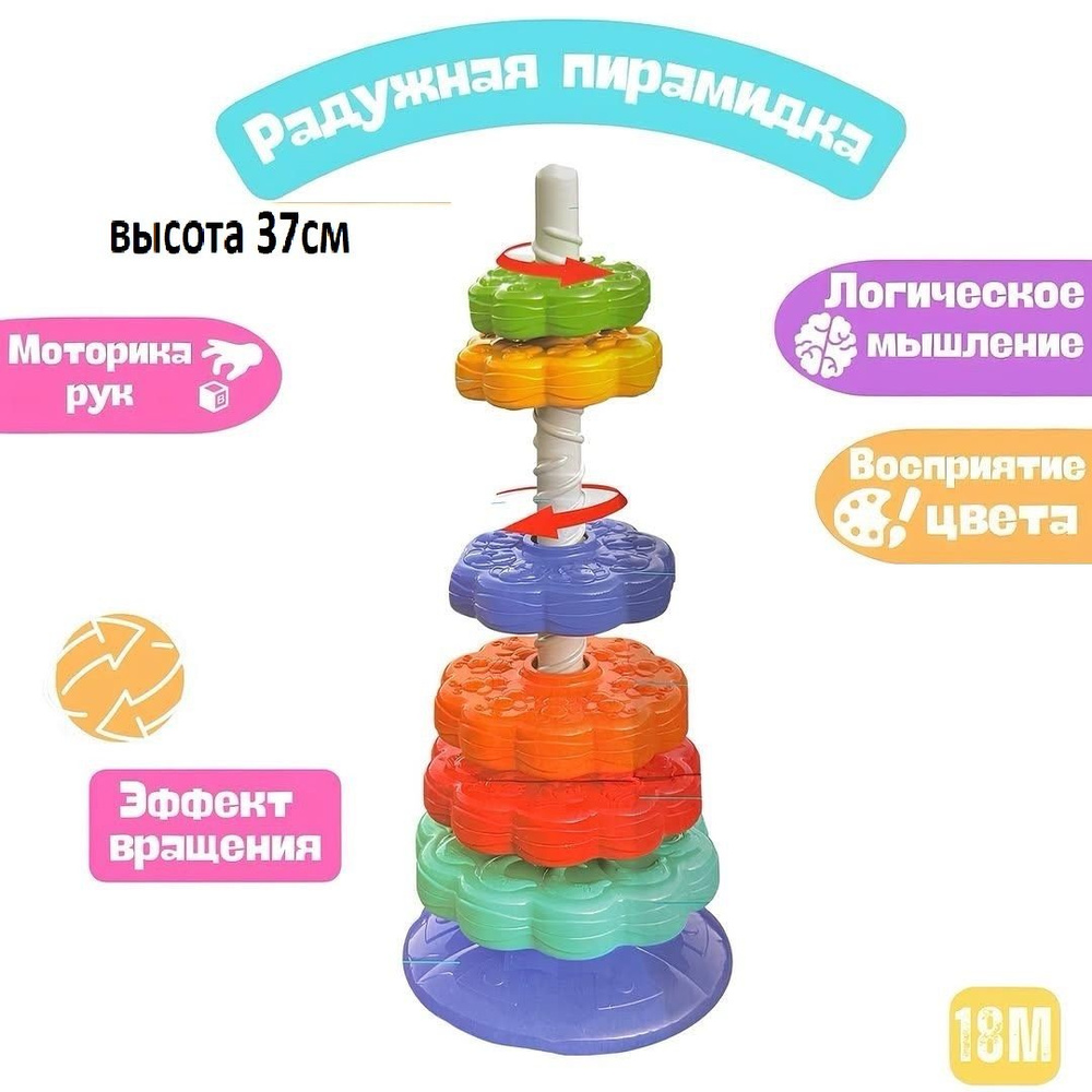 Пирамидка радужная для малышей винтовая " веселые шестеренки", , высота 37 см, 6 колец #1