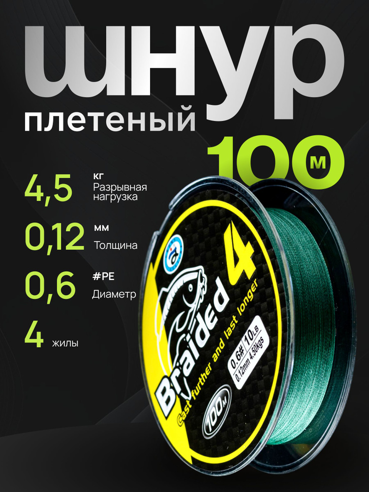 Шнур плетеный для рыбалки, плетенка леска для спиннинга фидера 100 м, 0.12 мм / тест 4.5 кг (10 lb) 4 #1