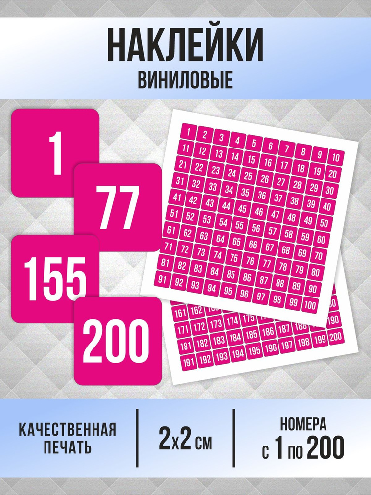 Наклейки с номерами от 1 до 200 квадратные 20х20 мм, цвет фуксия, ПолиЦентр #1