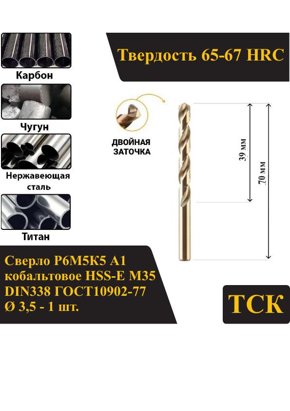 Сверло по металлу 3,5 кобальтовое Р6М5К5 А1/HSS-Сo M35, DIN338/ГОСТ10902-77 #1