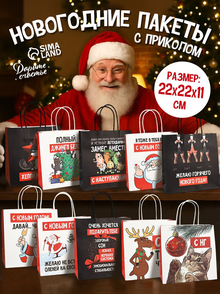 Пакеты подарочные новогодние, набор 10 шт, 22 х 22 х 11 см #1