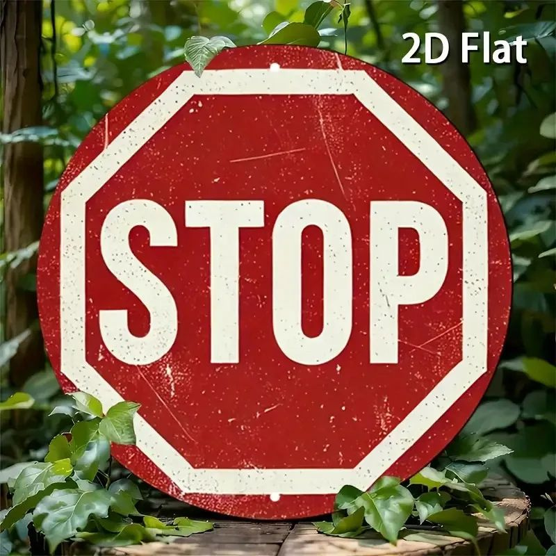 <2D Flat> Винтажный знак "Стоп" из железа - круглый ретро-постер с дорожным символом, идеально подходит #1