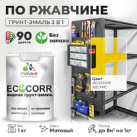 Грунт-Эмаль 3 в 1 по ржавчине Malare EcoCorr/ краска по металлу антикоррозионная/ для металлических поверхностей, акриловая быстросохнущая без запаха, матовая, весенний адонис, 1 кг
