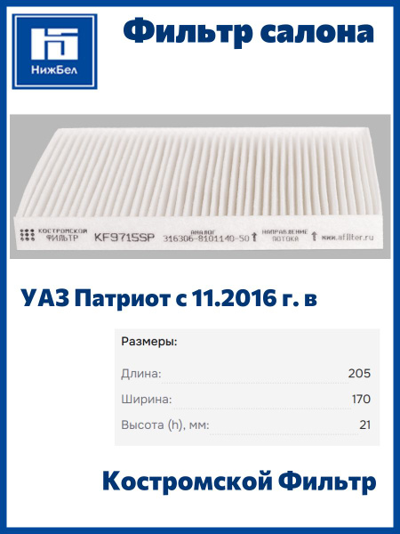 Фильтр салона УАЗ Патриот с 11.2016г. в. (Специалист) (Костромской Фильтр)