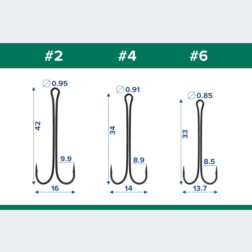 Размеры двойников для рыбалки с удлиненным цевьем Double Hook Extra Long