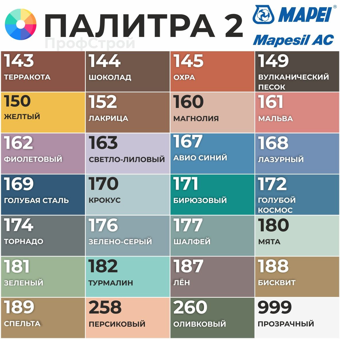 Герметик Mapei Mapesil AC палитра цветов 2