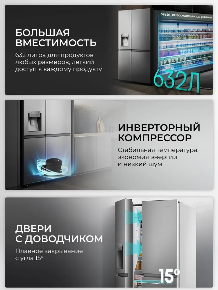 Холодильник Side by Side Hisense RS628P5SG1, полезный объем 632 л, Total No Frost, Wi-Fi, зона свежести, инверторный компрессор, класс энергоэффективности A+, ледогенератор, серый, 632 л, фото 3