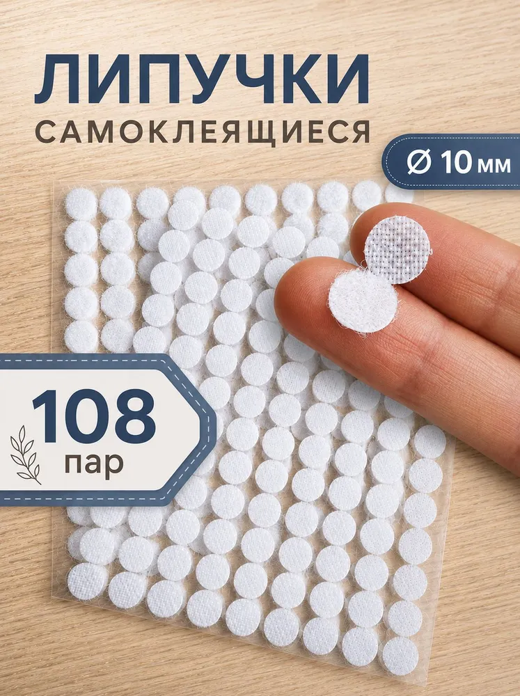 Липучки самоклеющиеся круглые белые - 108 пар (216 штук) / липучка самоклеющаяся для рукоделия, белый