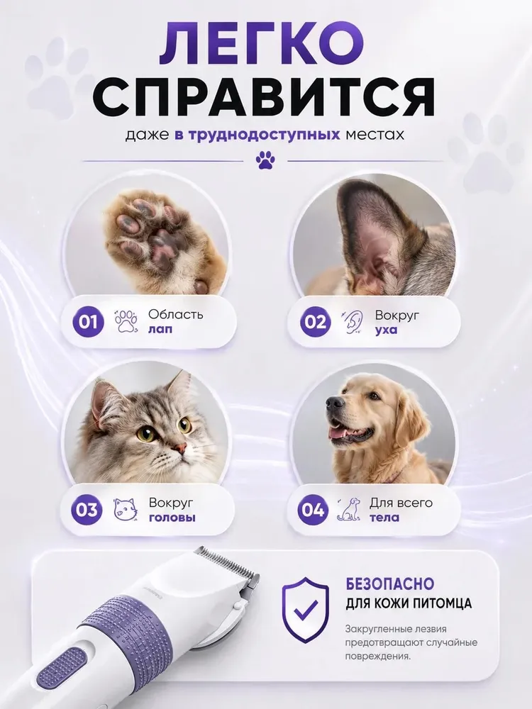 Машинка для стрижки животных D6 бесшумная (до 50 дБ), для кошек и мелких пород, беспроводная, с 6 насадками, вариант, фото 5
