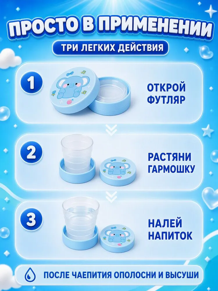 Стаканчик складной мультяшный слоник с крышкой для похода и поездок. Пластиковые стаканы многоразовые для воды. 100 мл., 100 мл, фото 5
