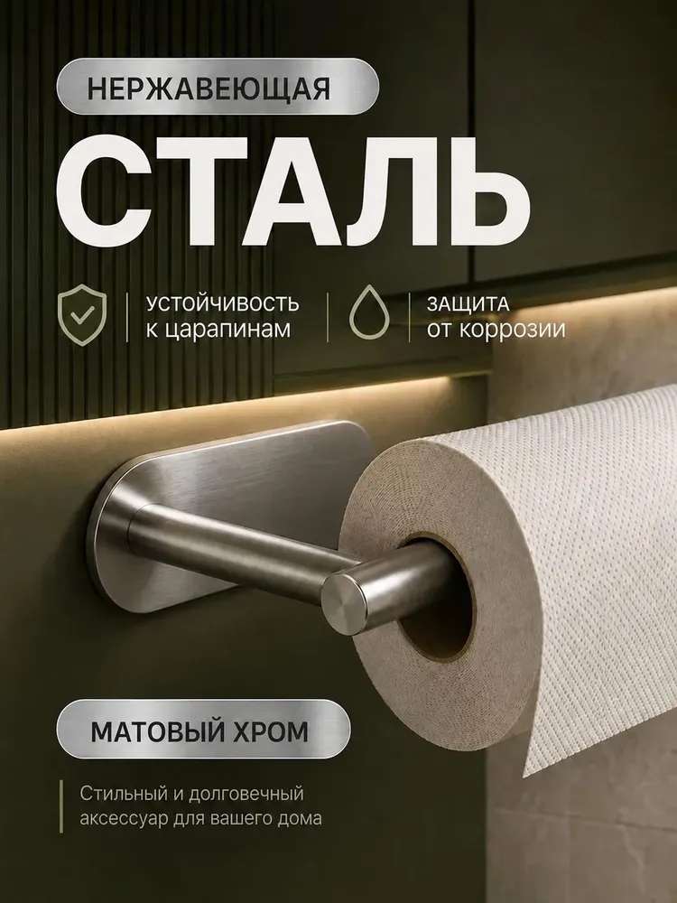 Держатель для бумажных полотенец, фольги и пленки на кухню, самоклеящийся, настенный, металлический , серебристый, серебристый, фото 4