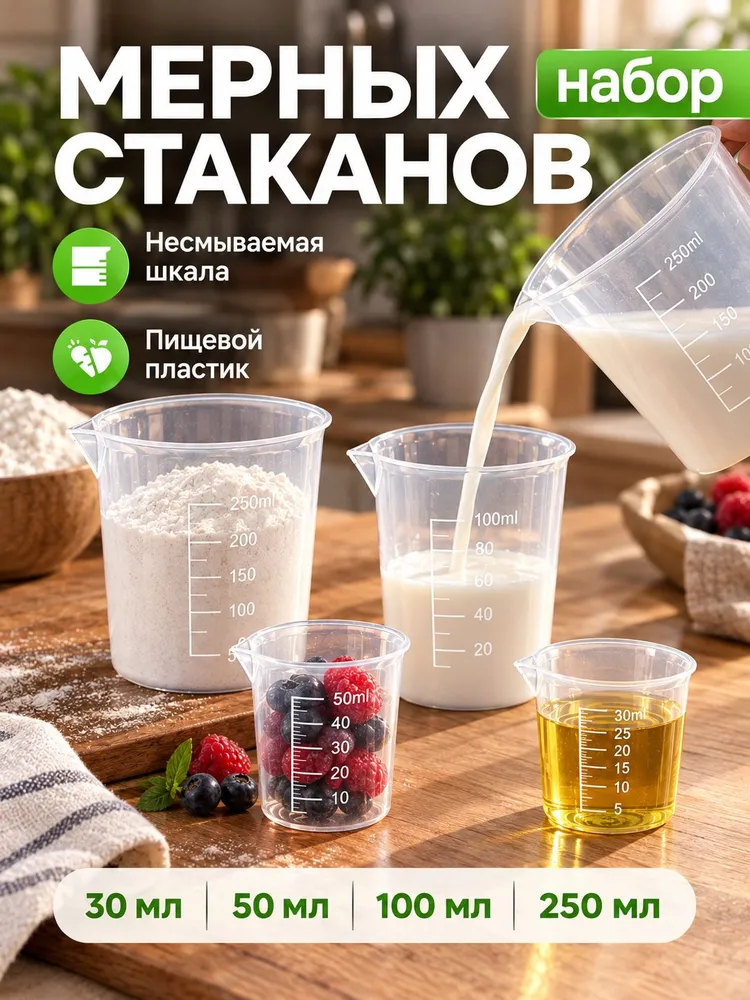 Емкость мерная, 300 мл, 100 мл, 50 мл, 30 мл, 4 шт, 300 мл, 100 мл