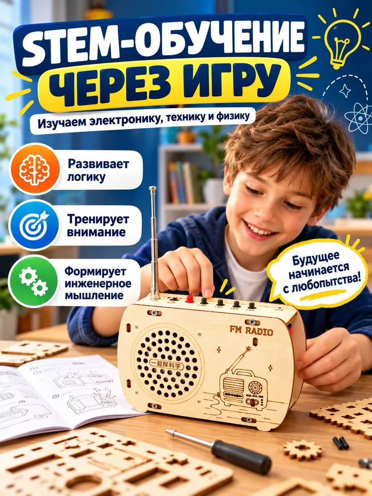 Детское DIY радио-конструктор деревянная модель FM радио с набором деталей и инструментами для сборки, вариант, фото 6