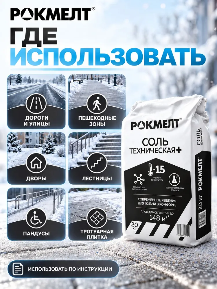 Соль техническая Roсkmelt plus, 20 кг/ противогололедный реагент, 20 кг, фото 3