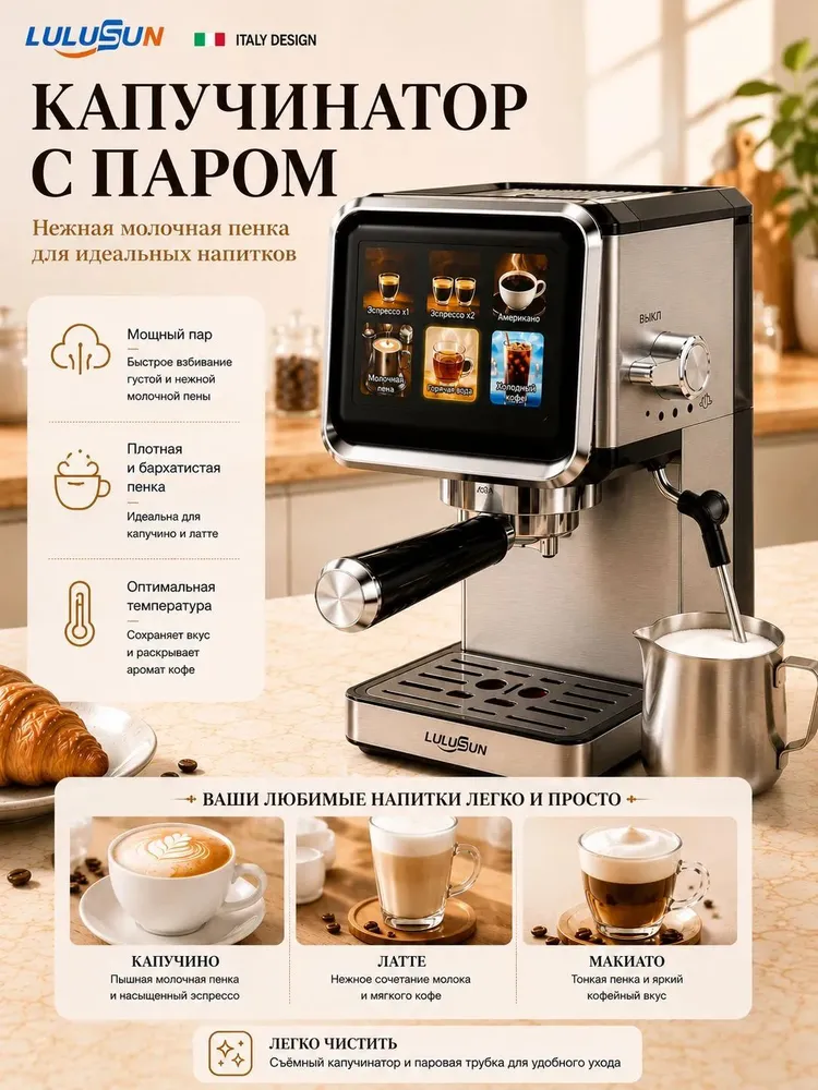 Кофемашина рожковая LULUSUN LLS-Y202 20 бар, сенсорная, с капучинатором, 6 напитков, резервуар 1 л, нержавеющая сталь, 1 л, фото 5