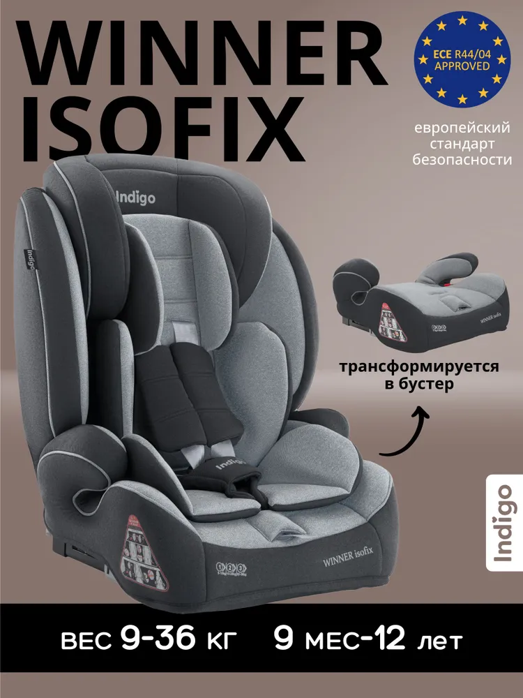 Автокресло бустер детское Indigo Winner ISOFIX YB706B 9-36 кг, группа 1,2,3, черный матовый, 36 кг