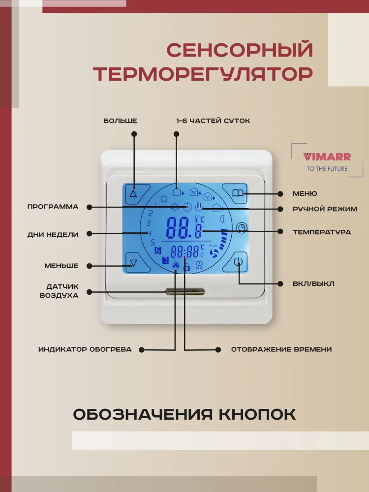 Теплый пол электрический с белым сенсорным программируемым термостатом под плитку и в стяжку 3.5 м2 Vimarr L, нагревательный мат на сетке 525 Вт, 525 Вт, фото 2