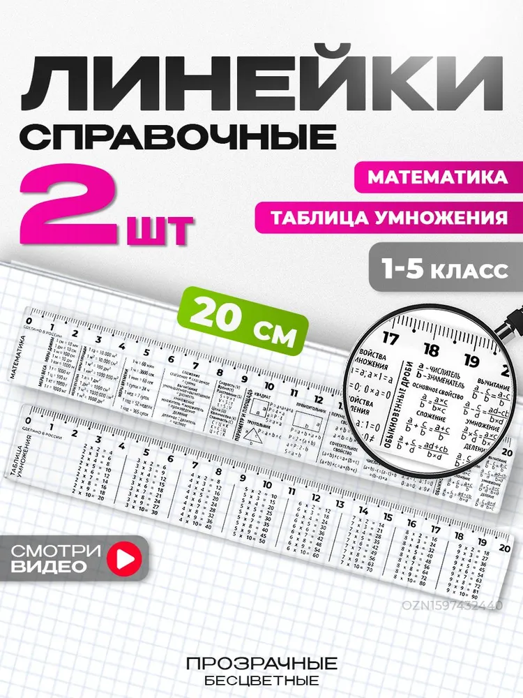 Линейки 20 см прозрачные с таблицей умножения, линейка шпаргалка для школы справочная, прозрачный