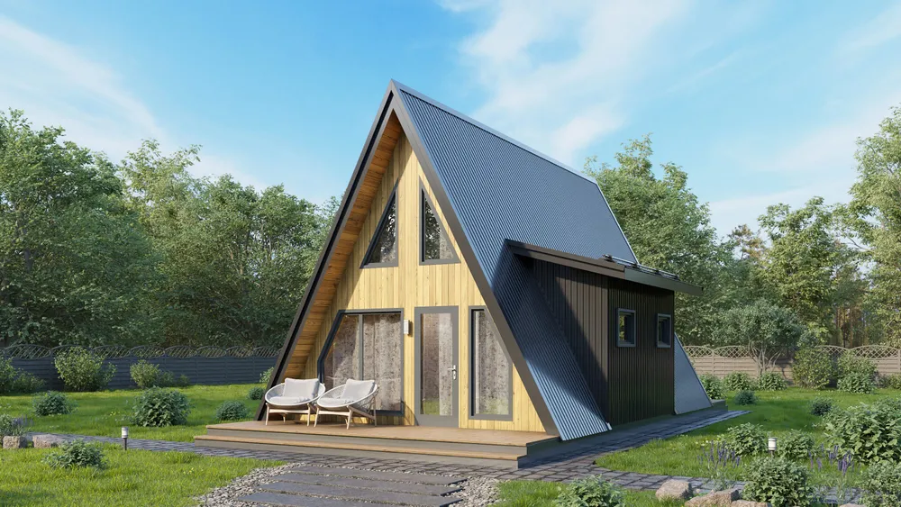 Домокомплект из СИП-панелей ПСК-305 "Гуниб" A-frame, 1 этаж + антресоль, патио и крыльцо-патио, раскрой/нумерация панелей, АР/КР, вариант