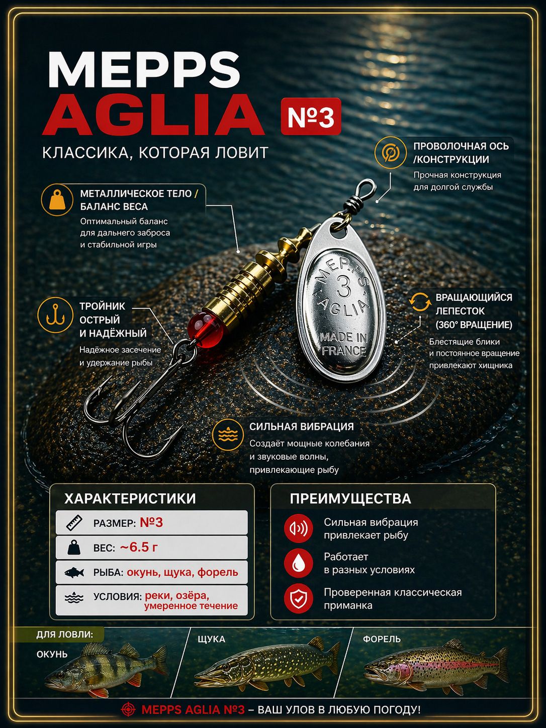 Блесна вращающаяся для рыбалки Mepps AGLIA №3 на щуку, окуня, форель