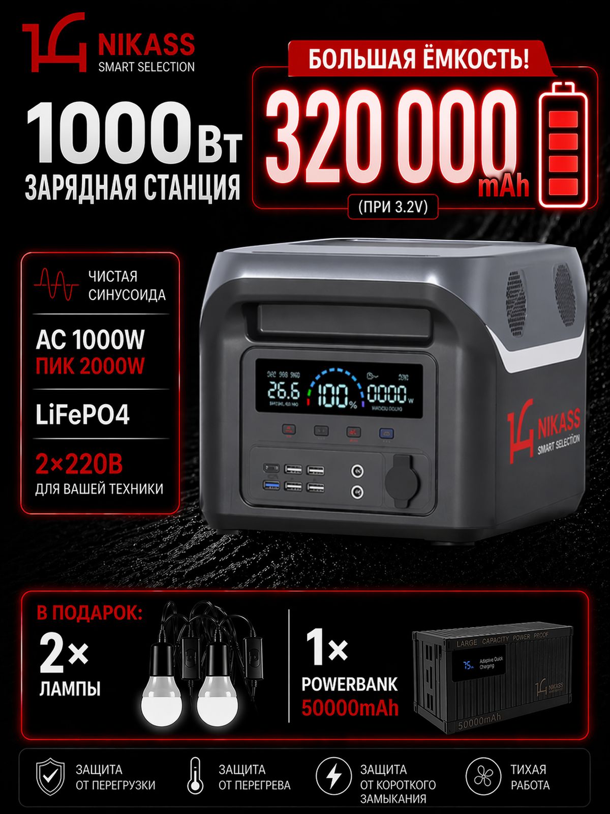 NIKASSПортативнаязаряднаястанция1000W,220V,320000мАч,1000Вт,серый
