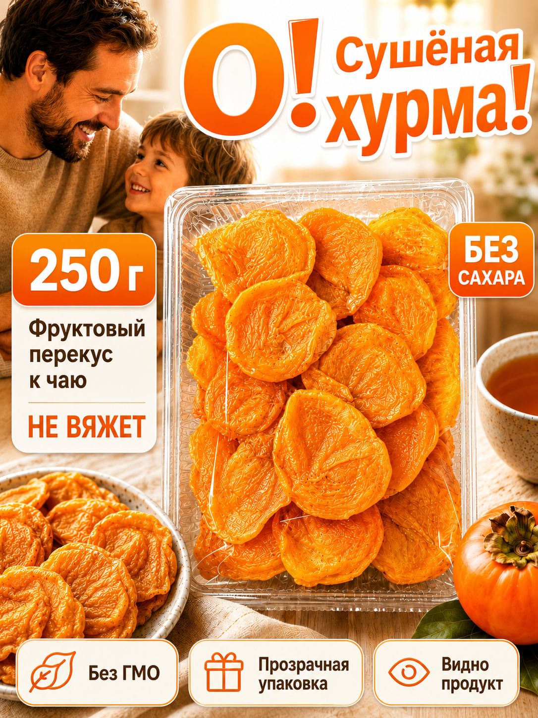 Хурма сушеная без сахара, натуральная, 250 гр.