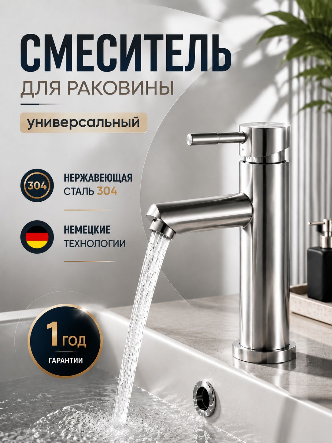 Смеситель для раковины в ванную, с монолитным изливом