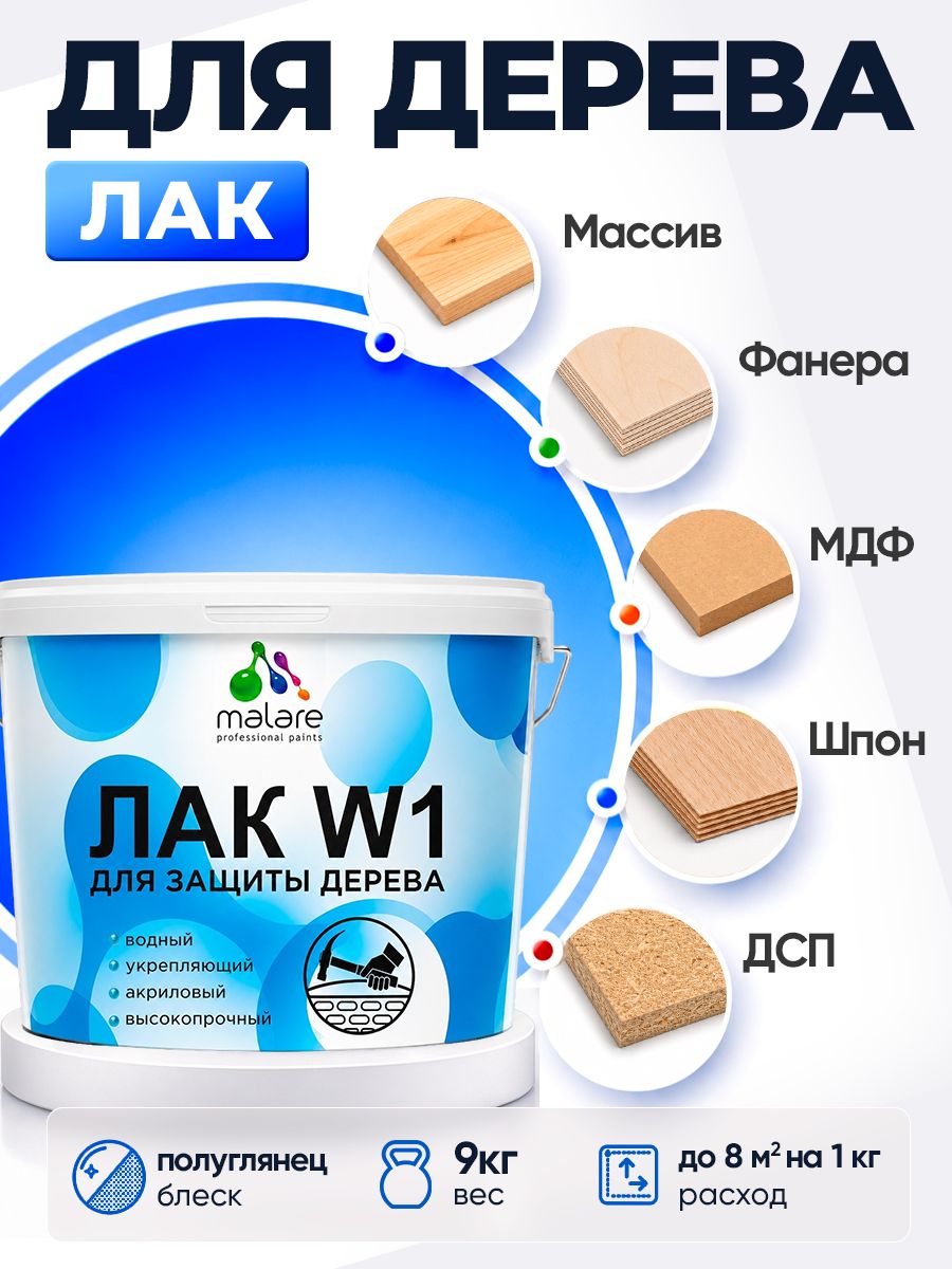 Лак водный для дерева Malare W1 для деревянных и минеральных поверхностей, моющийся без запаха быстросохнущий, бесцветный полуглянцевый, 9 кг.