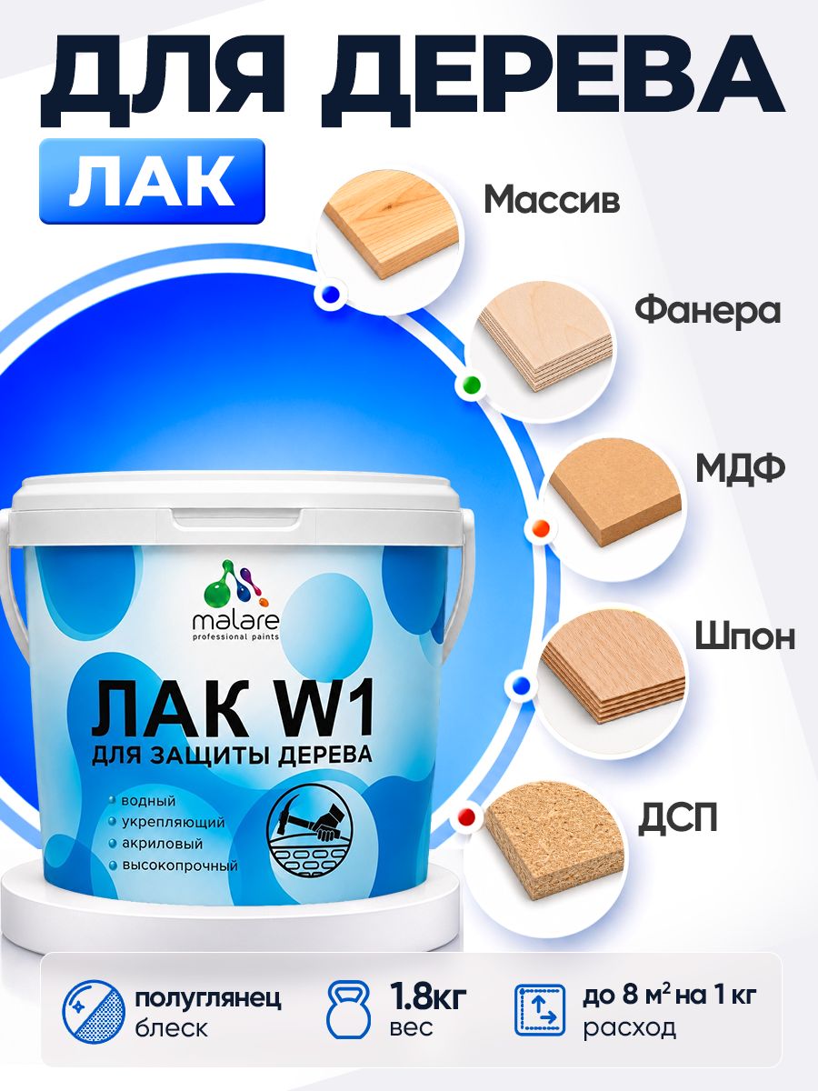 Лак водный для дерева Malare W1 для деревянных и минеральных поверхностей, моющийся без запаха быстросохнущий, бесцветный полуглянцевый, 1,8 кг.