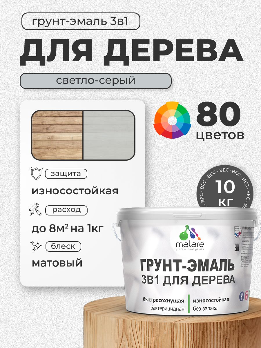 Акриловая Грунт-Эмаль 3 в 1 Malare для деревянных поверхностей с антисептическим эффектом, быстросохнущая, моющаяся без запаха матовая, светло-серый, 10 кг