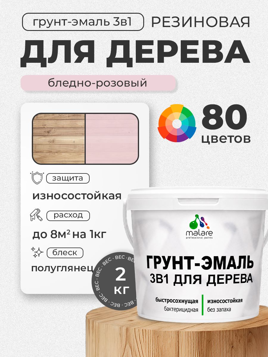 Латексная Грунт-Эмаль 3 в 1 Malare для деревянных поверхностей с антисептическим эффектом, быстросохнущая моющаяся без запаха полуглянцевая, бледно-розовый, 2 кг